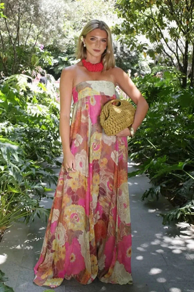 Notiglo - Elegant Printed Pleated High Waist Sleeveless Strapless Loose Maxi Dress