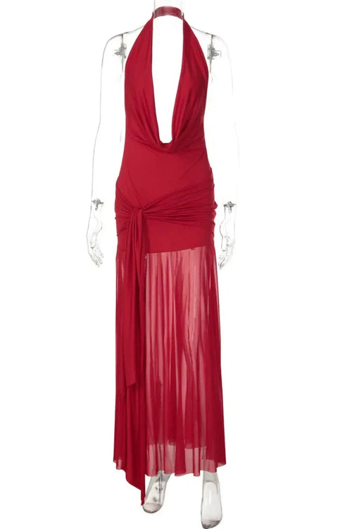 Glorol - Backless Deep V Neck Sleeveless High Split Maxi Dress