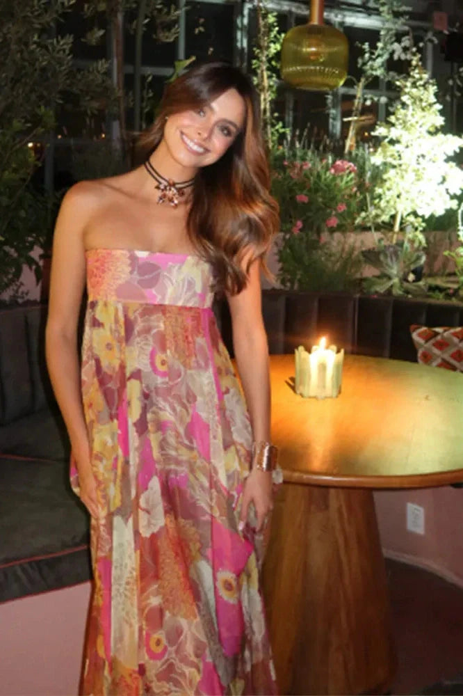 Notiglo - Elegant Printed Pleated High Waist Sleeveless Strapless Loose Maxi Dress