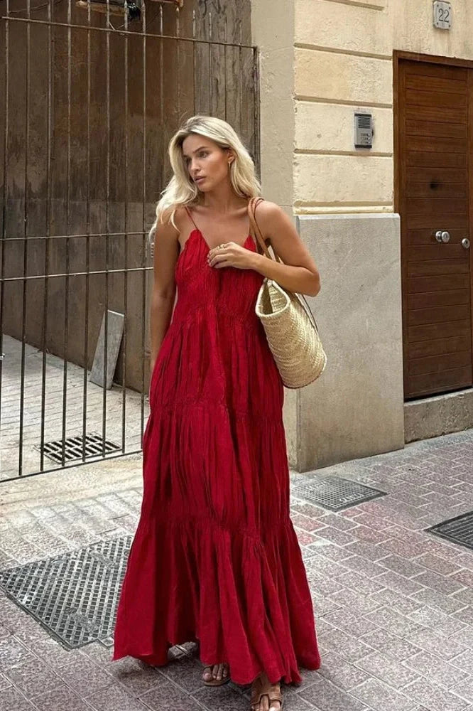 Notiglo - Elegant Sleeveless V-Neck High Waist Loose Pleated Maxi Dress