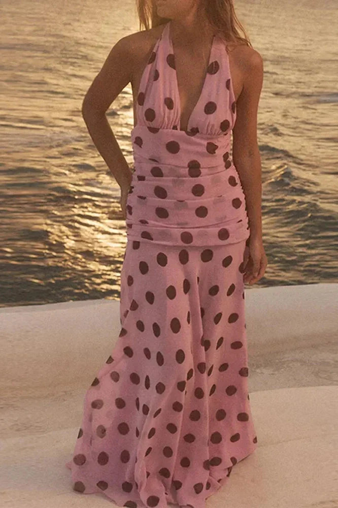 Notiglo - Elegant Printed Pleated Backless Sleeveless Maxi Dress