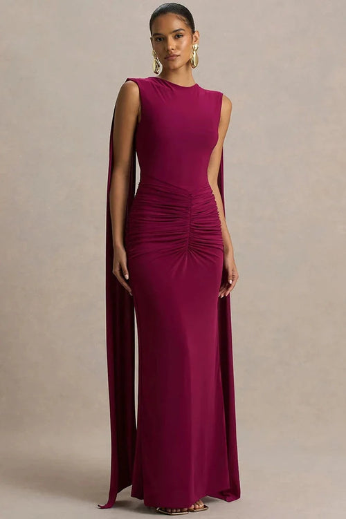 Glorol - Backless Cape Sleeves High Waist Bodycon Maxi Dress