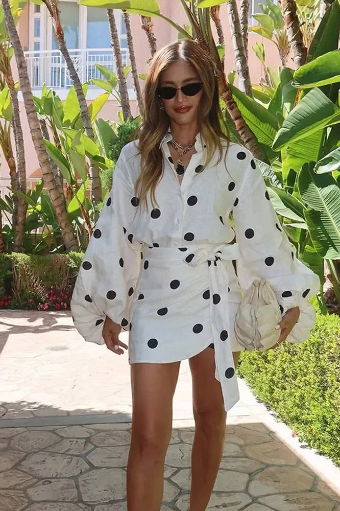 Notiglo - Elegant V-Neck Lace-Up Polka Dot Print Two Piece Mini Dress