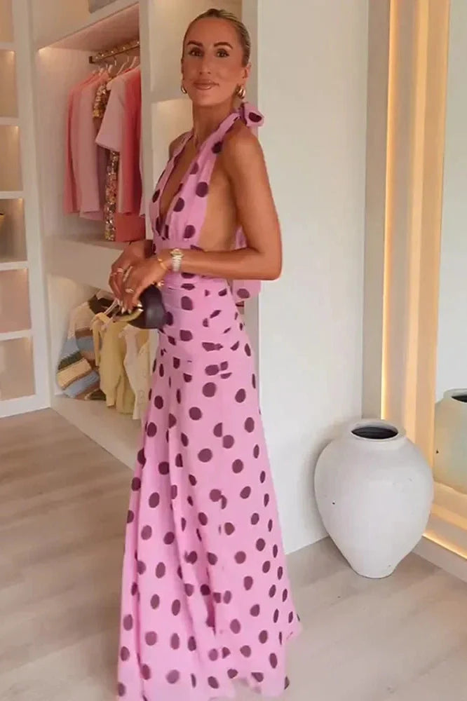 Notiglo - Elegant Printed Pleated Backless Sleeveless Maxi Dress