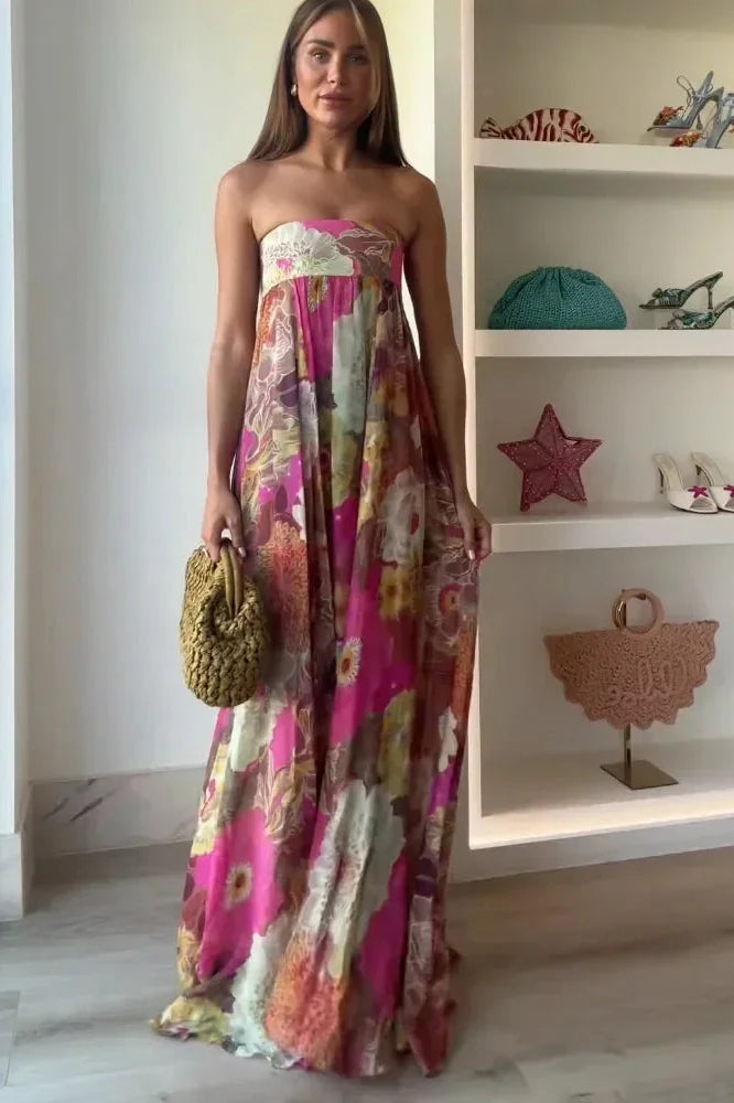 Notiglo - Elegant Printed Pleated High Waist Sleeveless Strapless Loose Maxi Dress