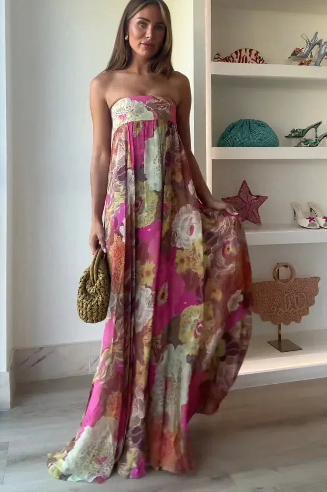 Notiglo - Elegant Printed Pleated High Waist Sleeveless Strapless Loose Maxi Dress
